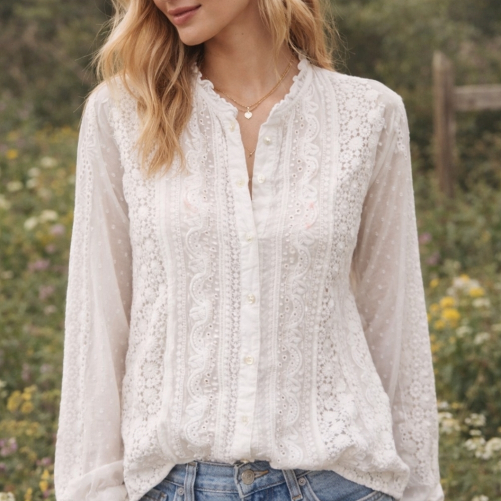Sundance White Lace Embroidered Button-Front Blouse